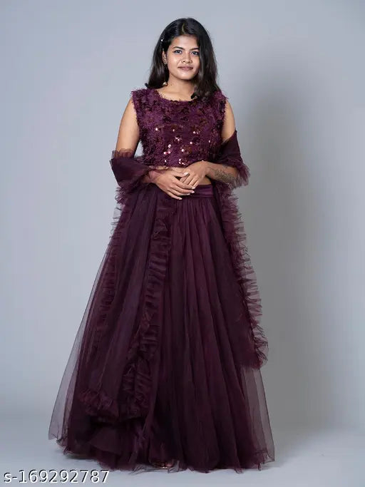 Vintage wine jute-silk ruffle Lehenga Choli with embellished top, solid net dupatta - Traditional Indo-Western bridal dress for women and girls