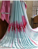 Georgette saree with unstitched blouse, lavender and pink color scheme
