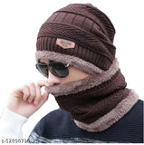 Woolen beanie and scarf set with soft fur inside, warm winter accessory for adults