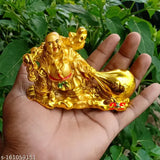 Gold Laughing Buddha with Money Potli for Wealth and Business (Vastu/Feng Shui) - Indian home decoration for the main entrance