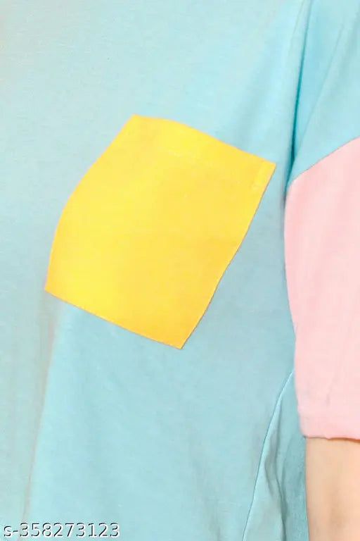 Colorblocked cotton half sleeve crop t-shirt for women, stylish fit from India