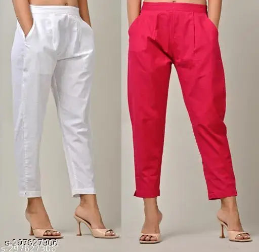Women's casual cotton regular fit trousers, available in red and white