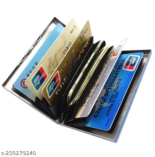 Stainless steel credit card wallet, slim metal protector for women & men. Solid construction, waterproof, ultra-slim and portable, holds 6 cards. Silver finish, perfect for daily use