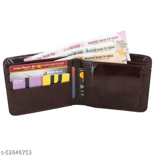 Brown PU leather men's casual-formal wallet with 2 compartments, 3 card slots, and 2 photo containers. India origin
