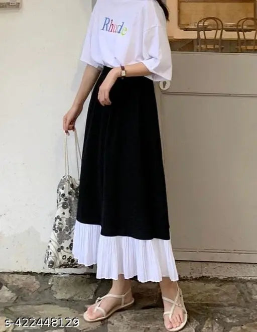 Black and white checkered skirt, mid length, chic, casual fashion
