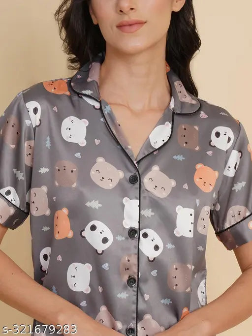 Grey panda print satin night suit for women, soft silky fabric, half-sleeve design, made in India