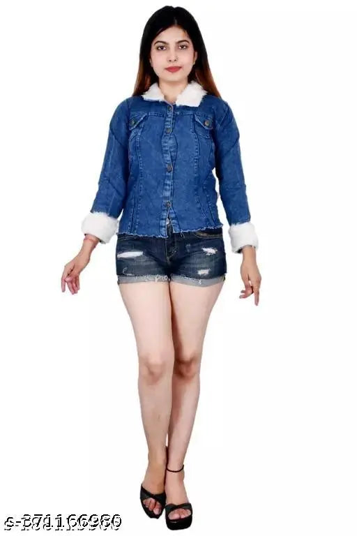 Denim jacket with fur collar and frayed cuffs