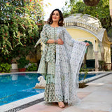A blue and green anarkali sharara dupatta set with a matching embroidered pallu, long sleeves, and a front slit for a traditional look