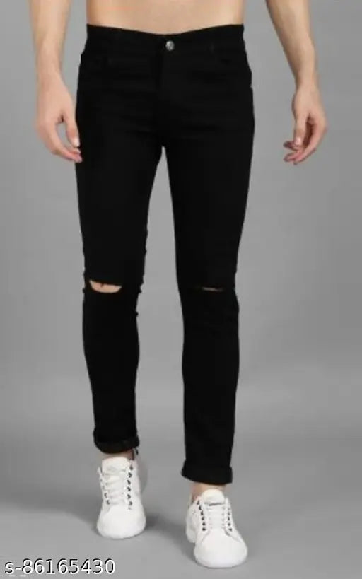 Stylish denim men's black knee-cut jeans, solid print with no fade from Jac Fashion, size 28/30/32/34/36, dark wash 5-pocket mid-rise jeans on model