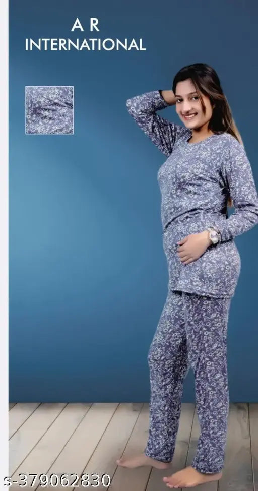 Printed cotton lycra night suit for girls with long sleeves, patterned with floral design