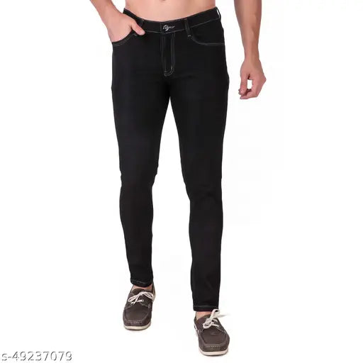 Black denim jeans, slim fit for men's versatile wardrobe. Solid black denim, comfortable fit for all-day wear. Made in India