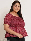 Maroon woven crepe plus size top with Bandhani print, square neck, short puff sleeves, ethnic motifs design. Made in India. (Size: XXL - 44in)