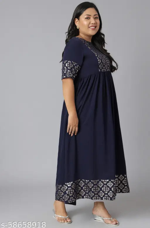 Dark Blue Poly Crepe Plus Size Kurta: Printed combo, short sleeves, flared silhouette for casual or festive wear, India origin