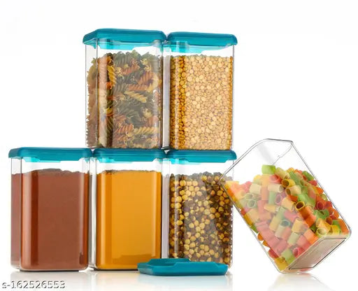 Set of 12 unbreakable plastic airtight square kitchen storage containers, clear with blue lids, 110ml