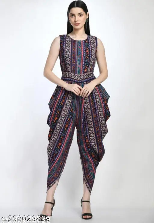 Printed crepe dhoti jumpsuit, relaxed fit, perfect for festive events and Indian body type