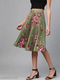Green striped floral printed crepe pleated skirt for women, knee length with elastic waistband