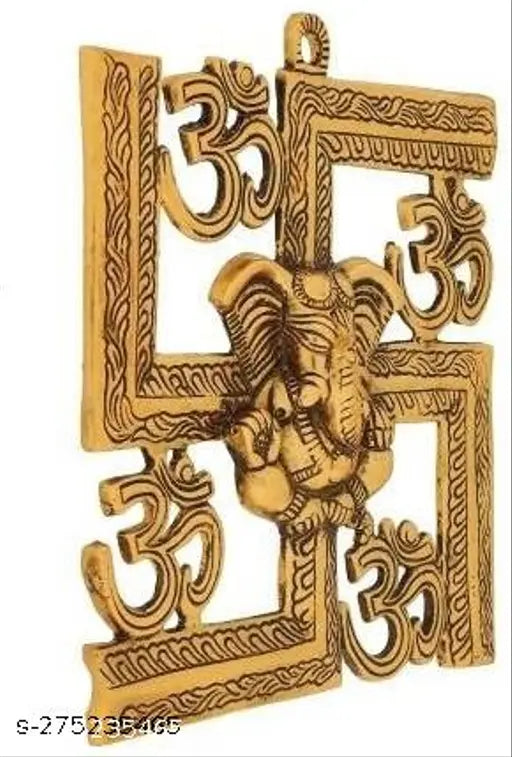Metal gold Ganesha wall hanging with Om Swastik decorative showpiece, 22.6cm in length and 22cm high