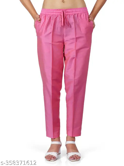 Women's Pink Poly Blend Solid Net Kurti Pant, elastic waist and side pockets, India-made