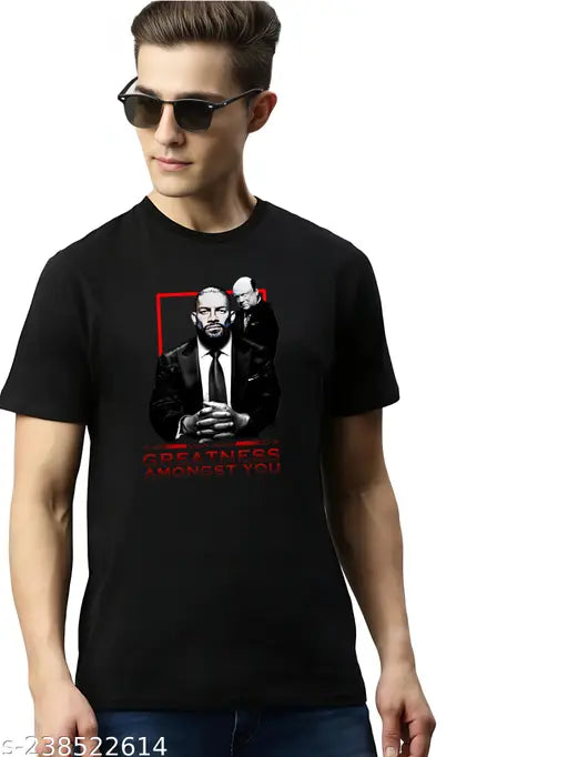 Black cotton WWE Men's Roman Reigns T-shirt featuring 'Greatness Amongst You', depicting the Tribal Chief in action