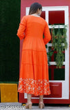 Rayon Anarkali Kurta dress with sequence embroidery, printed combo, three-quarter sleeves on woman model