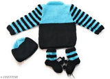 Handmade blue & black woolen knitted baby sweater set (3Pcs) for 0-3 months, embroidered net pattern, unisex style from New Jain Traders