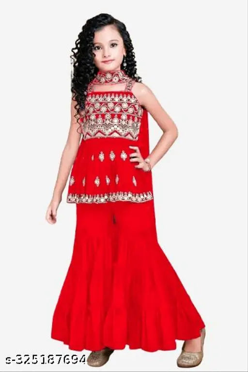 Red crepe girls' party suit set with dupatta and plazo, embroidered for weddings and functions. Indian children's formal wear." (103 characters)
