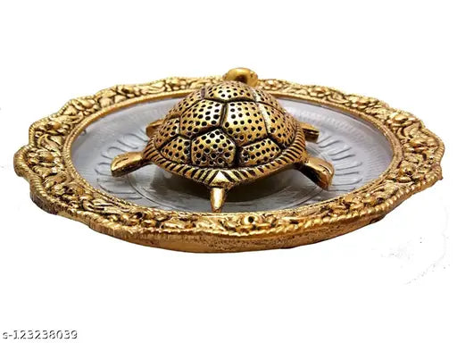 Metal tortoise on plate showpiece, golden diameter, 55 inches
