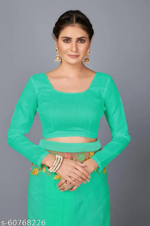 Mint green embroidered net saree with separate dupion silk blouse, ideal for marriage functions and social gatherings. Soft net sari length: 5.5m, free size