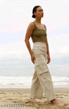 Stretchable high-waisted cotton lycra ribbed wide-leg bootcut trousers in solid color, formal wear for women and girls