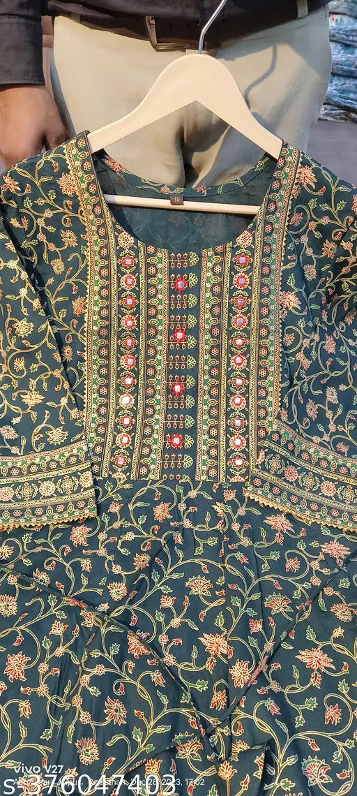 Jal printed rayon Anarkali kurti for women, three-quarter sleeves, vibrant Indian fashion