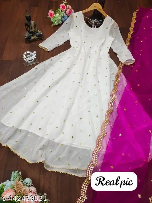 Georgette qcvence embroidered gown with super net dupatta, heavy embellished Indian bridal outfit on mannequin