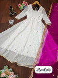 Georgette qcvence embroidered gown with super net dupatta, heavy embellished Indian bridal outfit on mannequin
