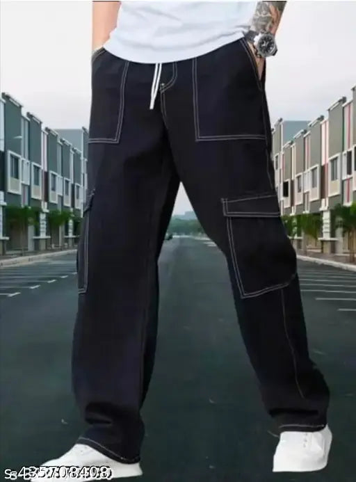 Solid denim Master Look BAGGY jeans, trendy cargo style with 6 pockets. Unisex sizes available from 26 to 32. Made in India." (115 characters)