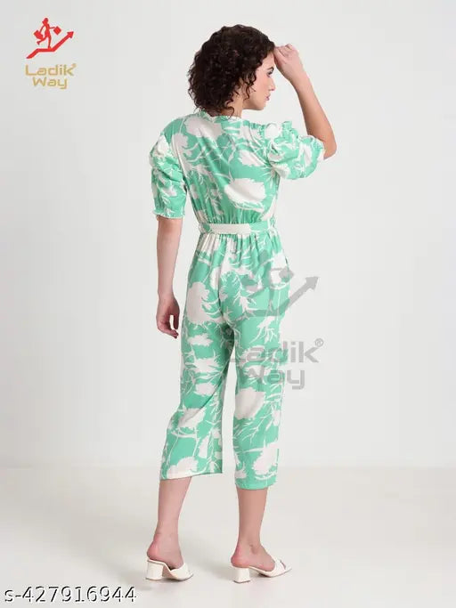 Trendy Pista printed long sleeved v-neck cotton blend jumpsuit, featuring puff sleeves and button closure