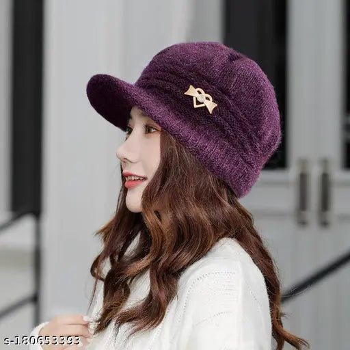 Purple wool hat with bow accent, casual style, women's wear
