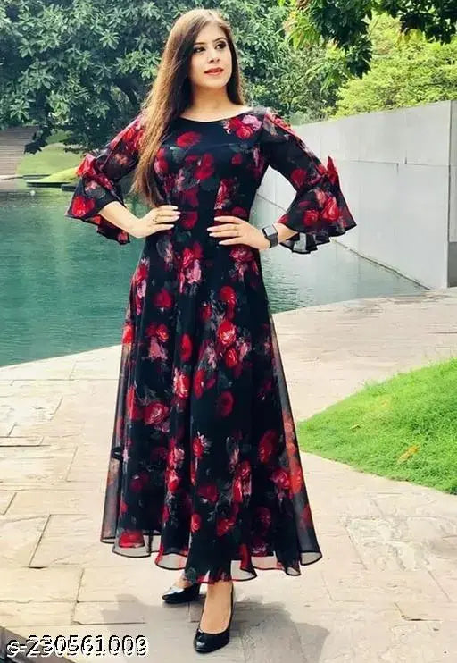 Red and black Georgette maxi dress, size 7XL-9XL, digital printed with heavy American crêpe lining, exclusive designer one-piece gown