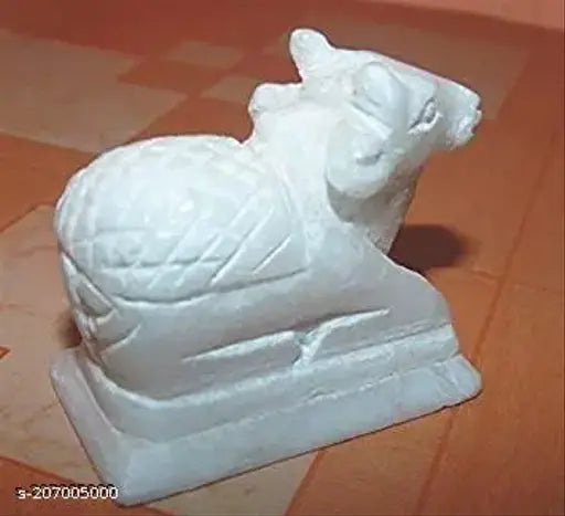 White marble, finely-finished Nandi idol (4cm), for Shivling temple decor. Handcrafted from Haridwar, India
