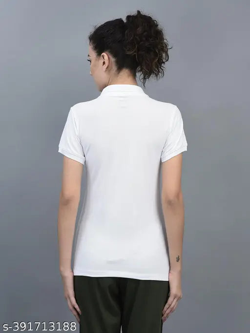 White cotton-blend women's polo t-shirt, short sleeves, embroidered logo branding, Indian origin