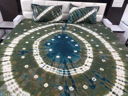 Color Nirvana Rajasthani Tie Dye And Bandhani Double Bedsheet with Two Pillow Covers - Dark Green and Green