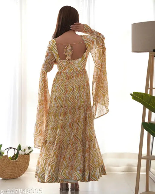 Durge Anarkali Gown with dupatta set - Three-quarter sleeve, printed georgette and cotton blend zigzag print festive outfit for Diwali or wedding events, size M (38in bust, 30in waist, 39in length, 14.5in shoulder)