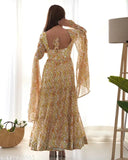Durge Anarkali Gown with dupatta set - Three-quarter sleeve, printed georgette and cotton blend zigzag print festive outfit for Diwali or wedding events, size M (38in bust, 30in waist, 39in length, 14.5in shoulder)