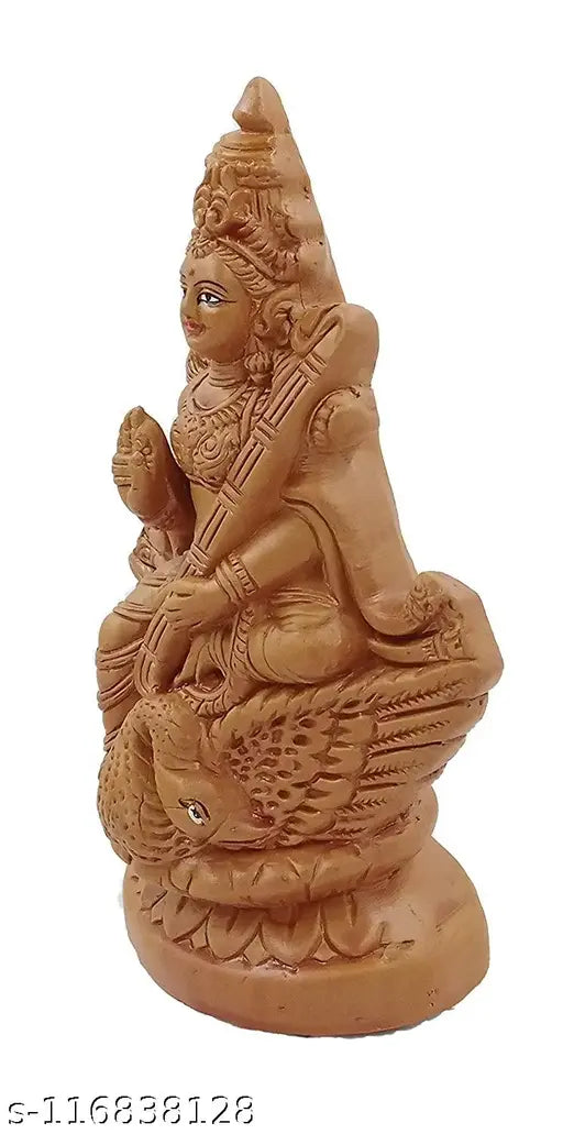 Handcrafted mud Saraswati statue with veena, exquisite Indian art for spiritual home decor