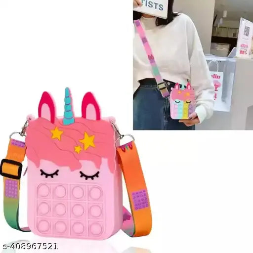 Silicone unicorn sling bag with zip closure, fidget pop it functionality, and adjustable strap