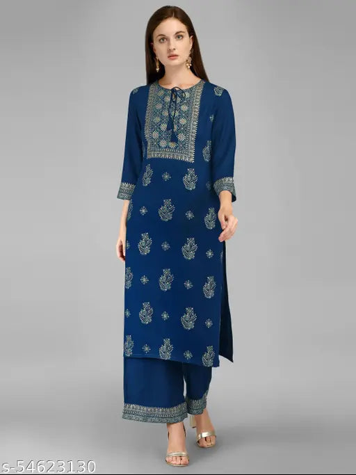 Rayon Aagam Superior Women's Kurta Set with dupatta and palazzo bottoms, printed net pattern on display
