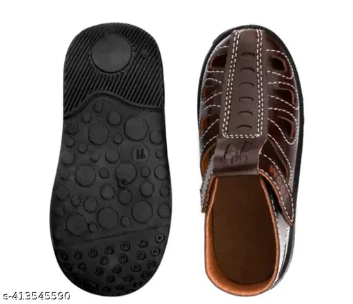 Kids shoes and sandals, brown leather with velcro closure
