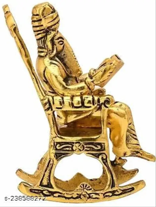 Antique golden oxidized metal Ganesh statue reading Ramayan, Indian god idol for home decor or gifts