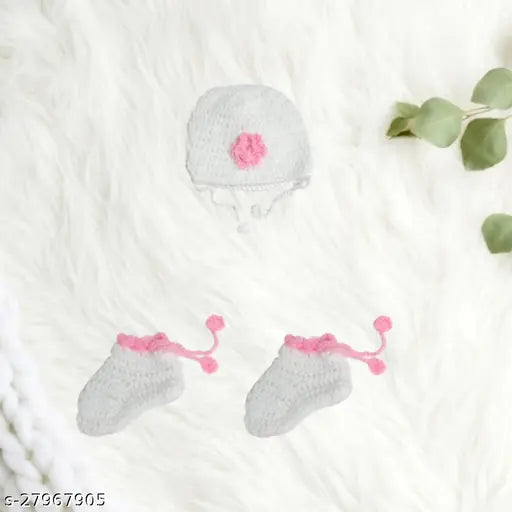 Soft white woolen blend baby girl's frock sweater dress with cap & socks, self-design net pattern from India