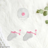 Soft white woolen blend baby girl's frock sweater dress with cap & socks, self-design net pattern from India