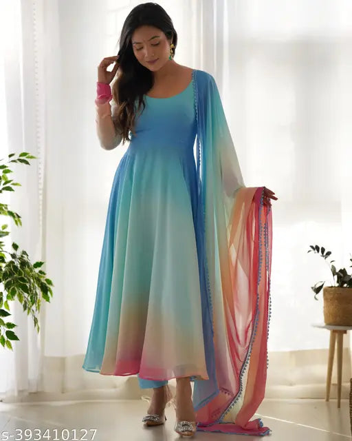 Pure soft fox Georgette trendy anarkali with dupatta set, fully flair and ready to wear. Heavy pure soft fox Georgette padding fabric with solid color and full lining. Approx 6.5 mtr flair, 2.3 mtr dupatta with border fancy lace work. Pure microscrape cotton silk free pent fabric. Sizes: XS, S, M, L, XL, XXL (India made)