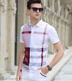 Cotton blend half-sleeve printed polo neck T-shirt for men, available in black, green, maroon, and navy blue - India